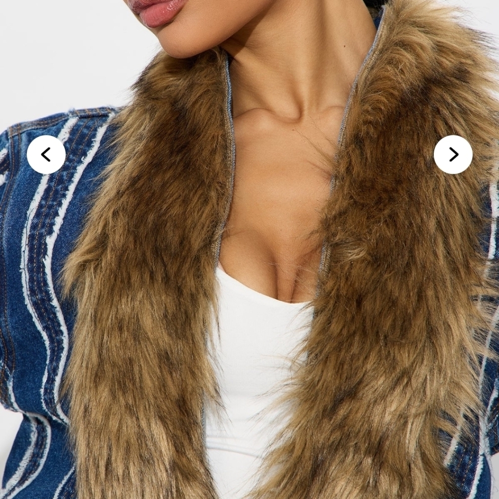 Blue Denim Coat with Faux Fur Trim Sz L - Picture 2 of 4